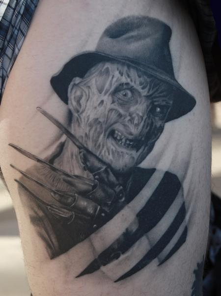 tattoos/ - Black and Gray Freddy Portrait Tattoo - 61740